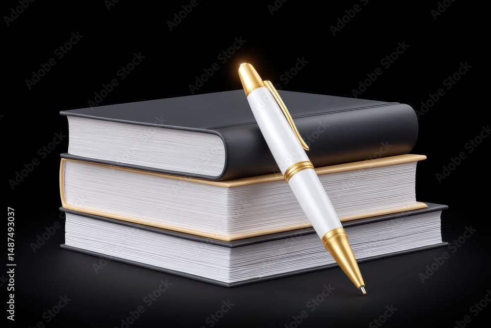 Poster a stack of hardcover books with a shiny golden pen resting on top of a formal business contract crea
