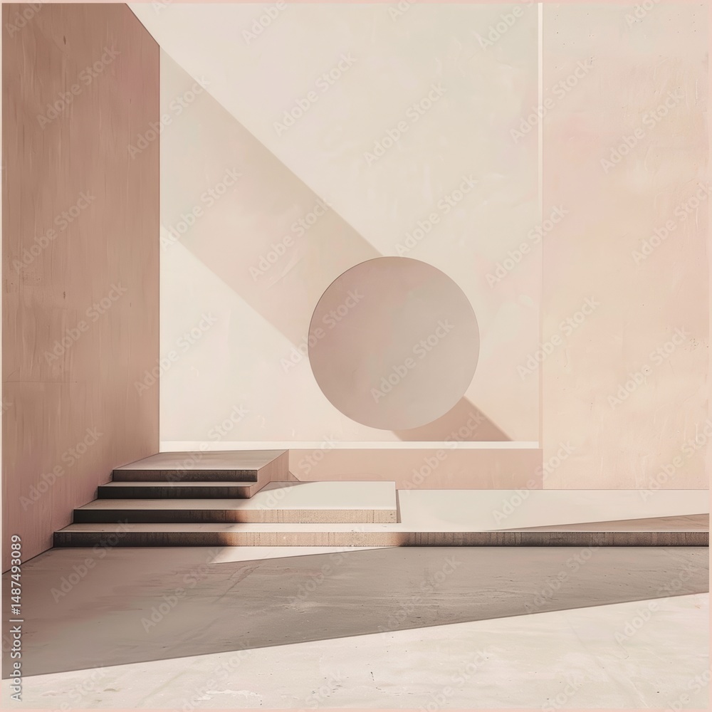 Poster abstract geometric scene with stairs and circle and soft shadows