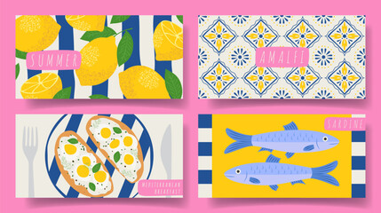Collection of horizontal summer banners. Vector illustration with bright cards with sardines, lemons, Italian Mediterranean tiles, breakfast. Concept backgrounds for party, holiday, event, invitation.