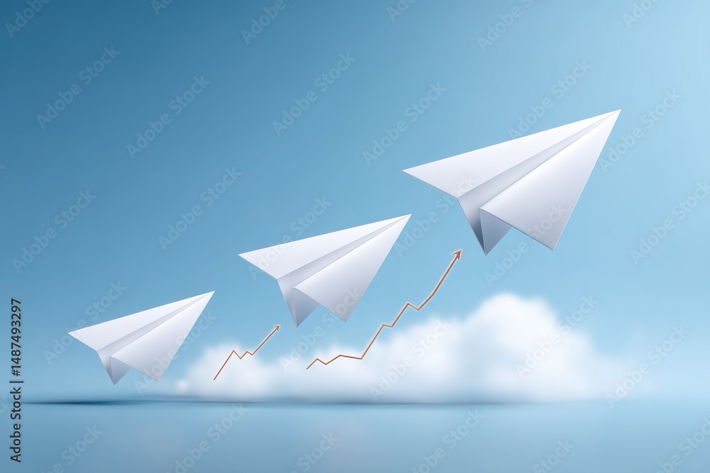 Poster white paper airplanes carrying data visualizations are flying upwards towards a distant goal symboli