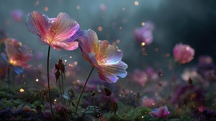 Blooming flowers in meadow with glowing landscapes and nature concept. Beautiful glowing flowers amidst a mystical and enchanting background.