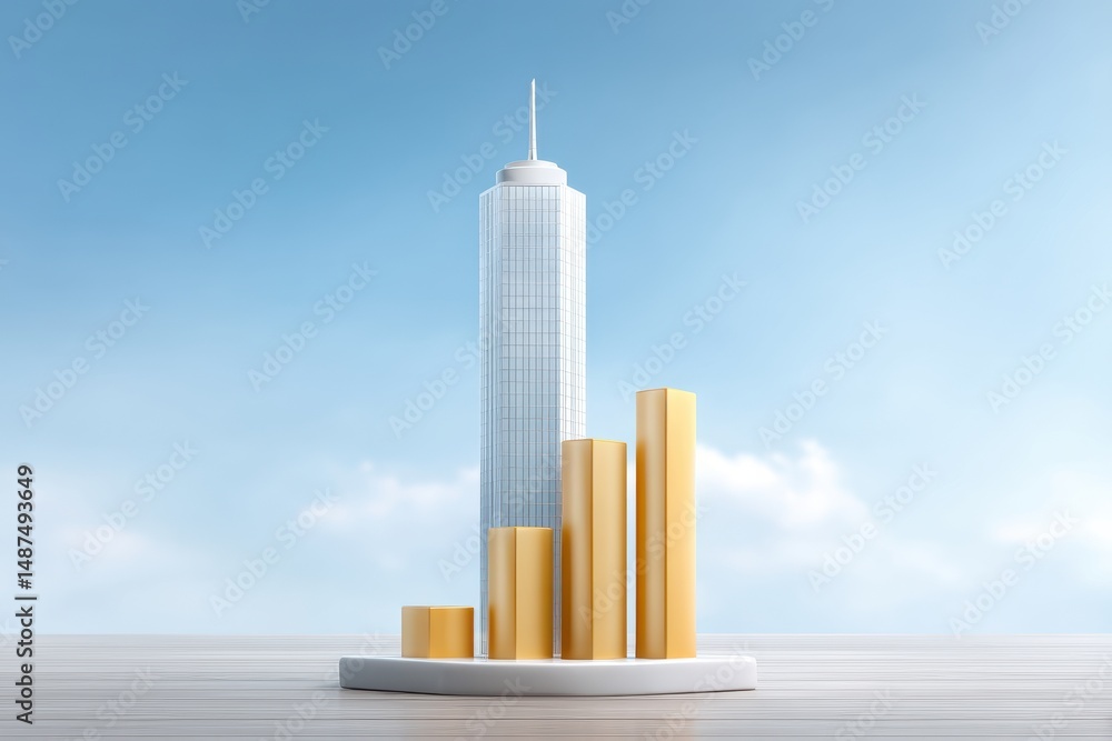 Poster a minimalist futuristic rendering depicting a sleek modern skyscraper emerging from a bar graph repr