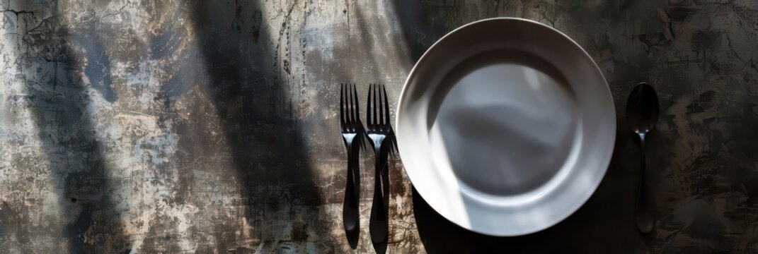 Awareness concept for world eating disorders day - empty plate with cutlery on rustic background. Mental disorder, anorexia, bulimia. Mental problem. World Hunger Day. Copy space. Horizontal banner
