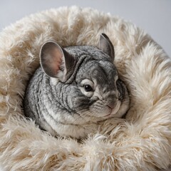 A chinchilla sleeping in fur ball, white backdrop