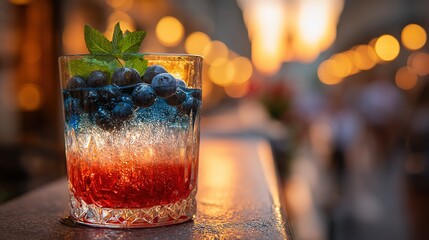 Tricolor cocktail with blueberries and mint in crystal glass, celebrating French National Day with festive elegance.