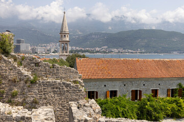 Aerial view from medieval fortress Citadel of town, Budva, Montenegro