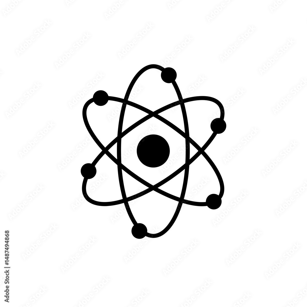 Poster atom structure: a minimalist illustration of an atom's core, with orbiting electrons in a clean and 
