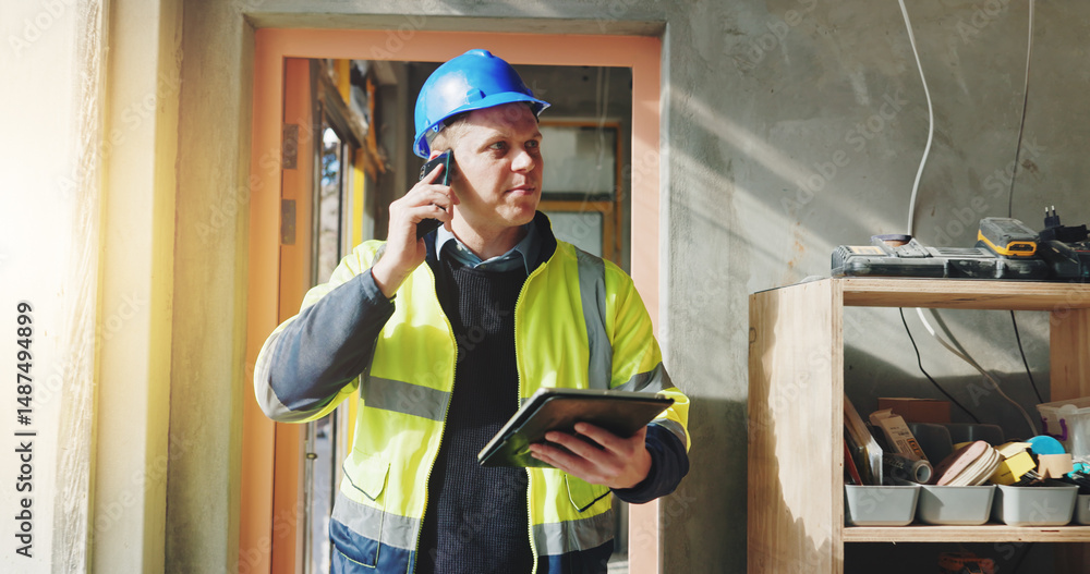 Poster building, phone call and tablet with developer man on site for civil engineering or development. app