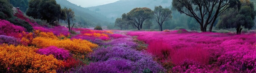 Fototapeta premium Blooming flowers in meadow with dreamy landscapes and gardens concept. Vibrant field of blooming flowers showcasing nature's beauty.