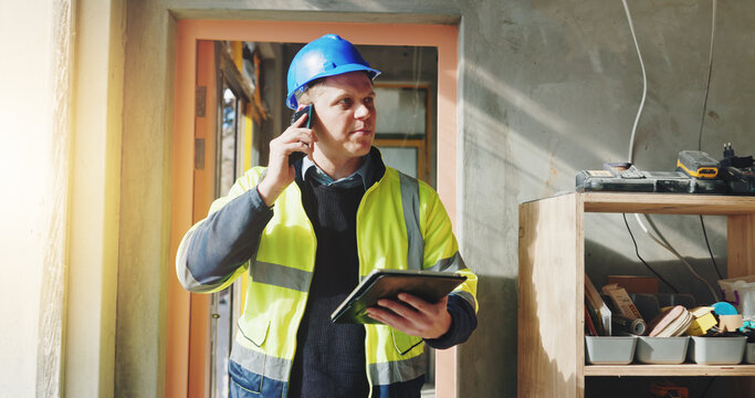 Building, phone call and tablet with developer man on site for civil engineering or development. App, conversation and planning with construction worker person on location for project management