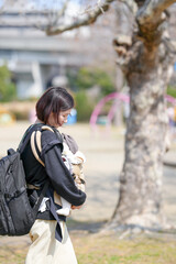 Fototapeta premium In spring at a park in Fukuoka, a Japanese mom in her thirties walks with her 6-month-old baby girl close to her chest. This photo captures a peaceful and loving moment in a quiet outdoor setting.