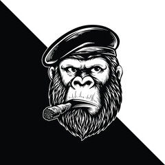 Fototapeta premium Gorilla Smoking Cigar Vector, Vintage Black and White Gorilla Head Illustration with Beret Hat
