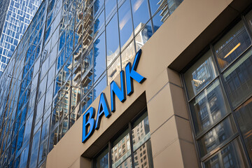 Architectural facade of a financial institution with modern glass reflections and signage
