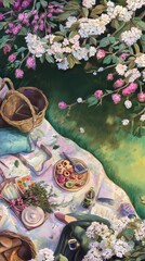 Spring Picnic Celebration: Artful Floral Arrangements & Vibrant Baskets in Serene Nature