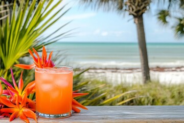 Refreshing tropical drink by the ocean shore.