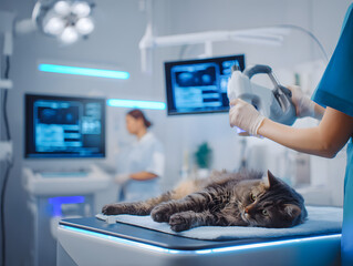 Feline Laser Therapy Session in Veterinary Clinic, Cat Relaxing on Heated Blanket with Technician Monitoring Treatment
