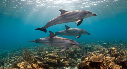 Obraz premium Graceful Dolphins Swimming Above a Vibrant Coral Reef in Crystal-Clear Ocean Water