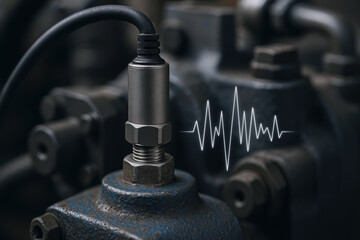 Hydraulic mechanism sensor monitoring vibration signals on industrial machinery for maintenance and safety in mechanical engineering environments