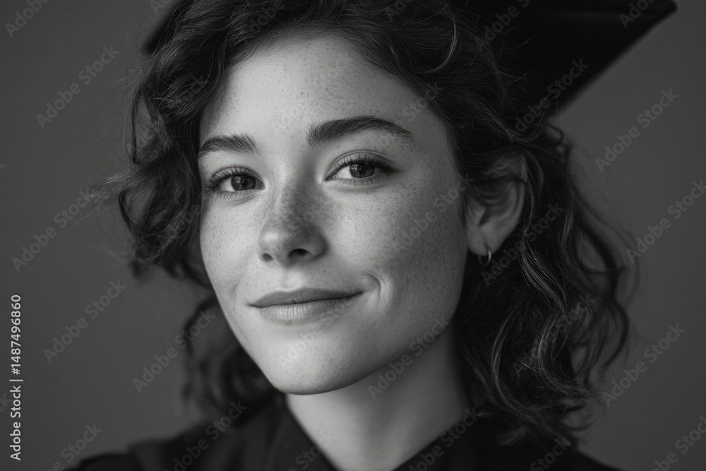 Poster graduate portrait capturing serene expression set against minimalistic background ample copy space s