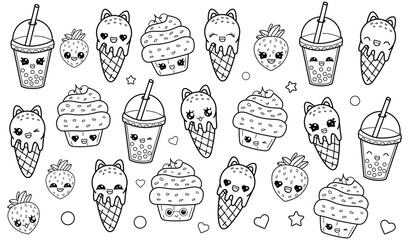 Cute kawaii coloring page with funny characters. Vector illustration on white background