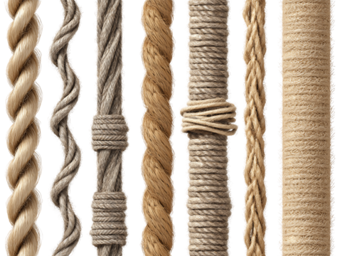 Natural Fiber Rope Textures:  Beige and Brown Twines, Braids, and Cords, PNG