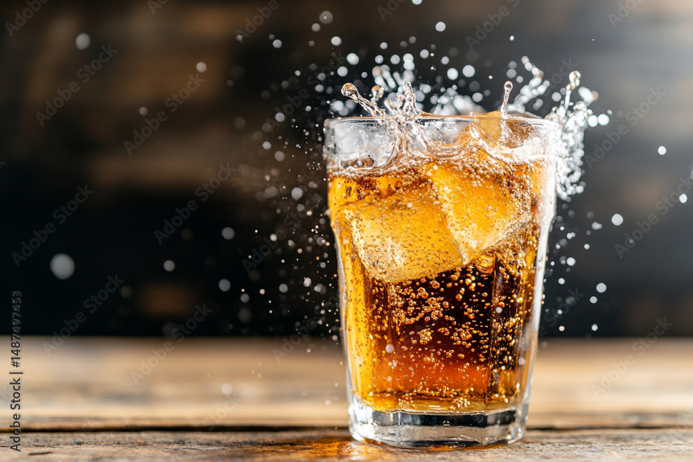 Poster dynamic splash of cola in a glass with ice creating a lively effect on a rustic wooden surface