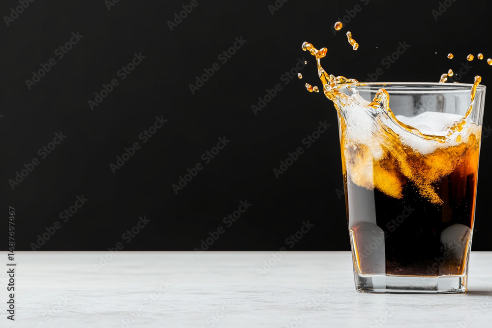 Poster dynamic splash of cola captured in glass on a smooth surface with black background
