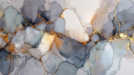 Abstract Gray Alcohol Ink Painting with Color-Gel Splashes and Golden Cracks. Modern Artistic Expression in Pastel Tones.