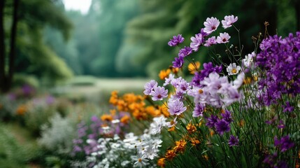 Obraz premium Blooming flowers in meadow with dreamy landscapes and gardens concept. Vibrant array of flowers blooming in a serene natural setting.