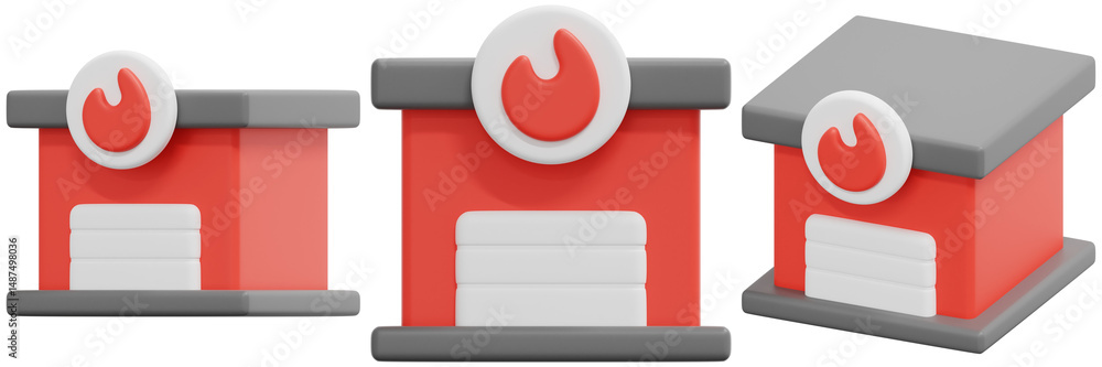 Poster set of 3d model of a fire station icon red building with flame symbol 3d render icon illustration
