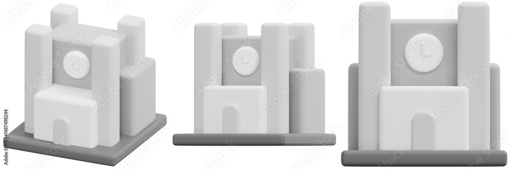 Poster set of grayscale model of a university building with clock tower 3d render icon illustration