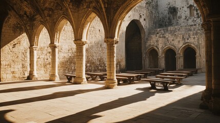 Obraz premium Ancient Monastery Cloister Sunlit Stone Architecture Columns Benches old warm calm light walls floor