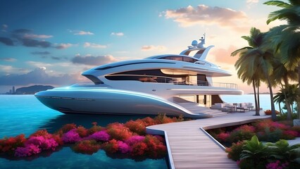 Obraz premium A glowing futuristic dock for private yachts surrounded by vibrant island flora, Cinematic theme, HDR, Vibrant