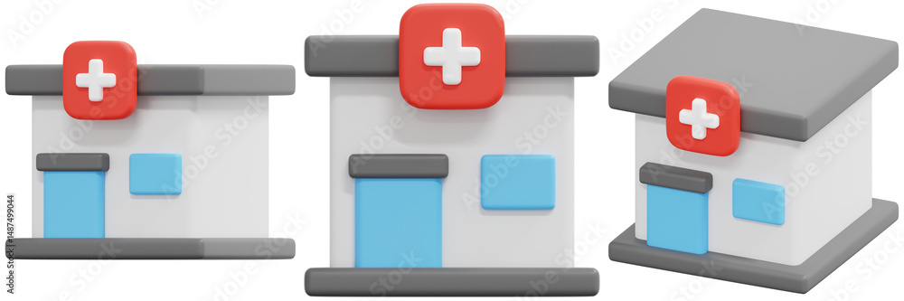 Poster set of 3d models of a clinic building with a red cross symbol 3d render icon illustration