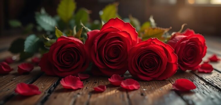 Fresh Red Roses on Rustic Wooden Table with Natural Light and Macro Detail