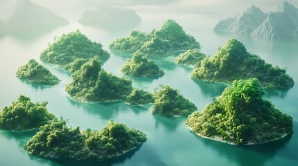 Digital archipelago of app islands in a peaceful green sea
