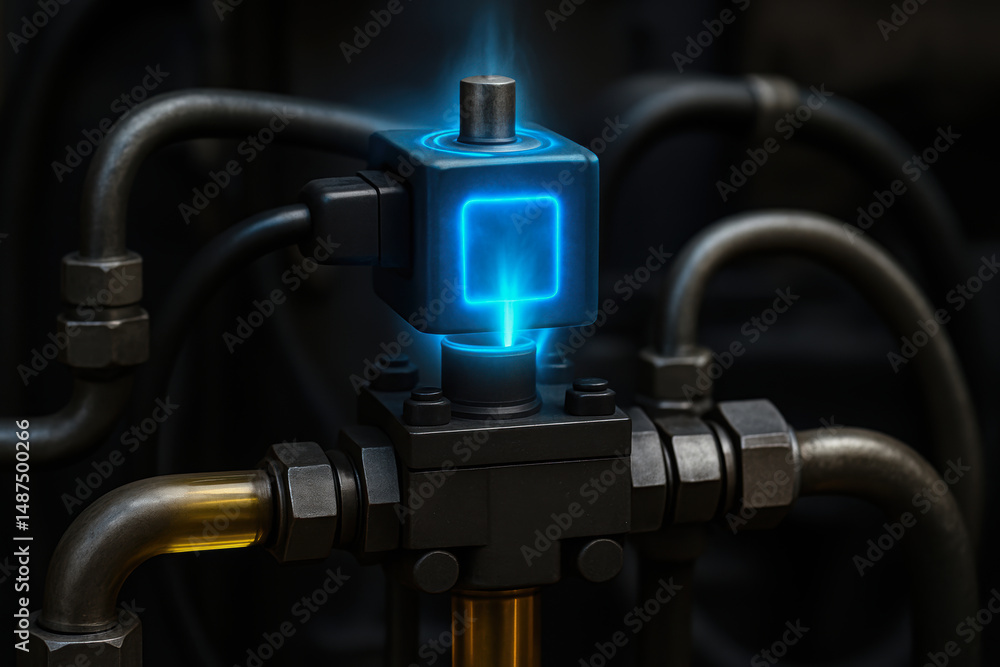 Poster hydraulic mechanism with metal pipes and glowing control valve in industrial setting for efficient f