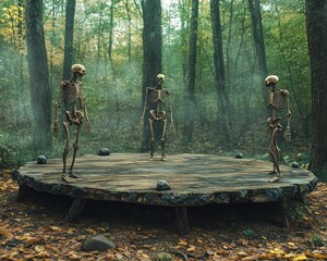 Mysterious skeletal figures on a wooden platform in a forest.