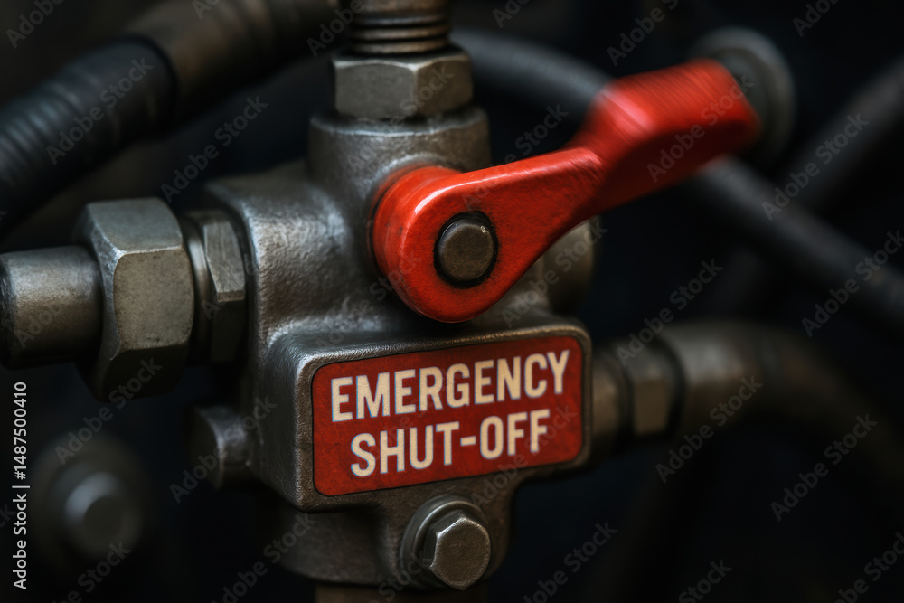 Poster emergency shut off valve with red handle is part of hydraulic mechanism ensuring safety and control 