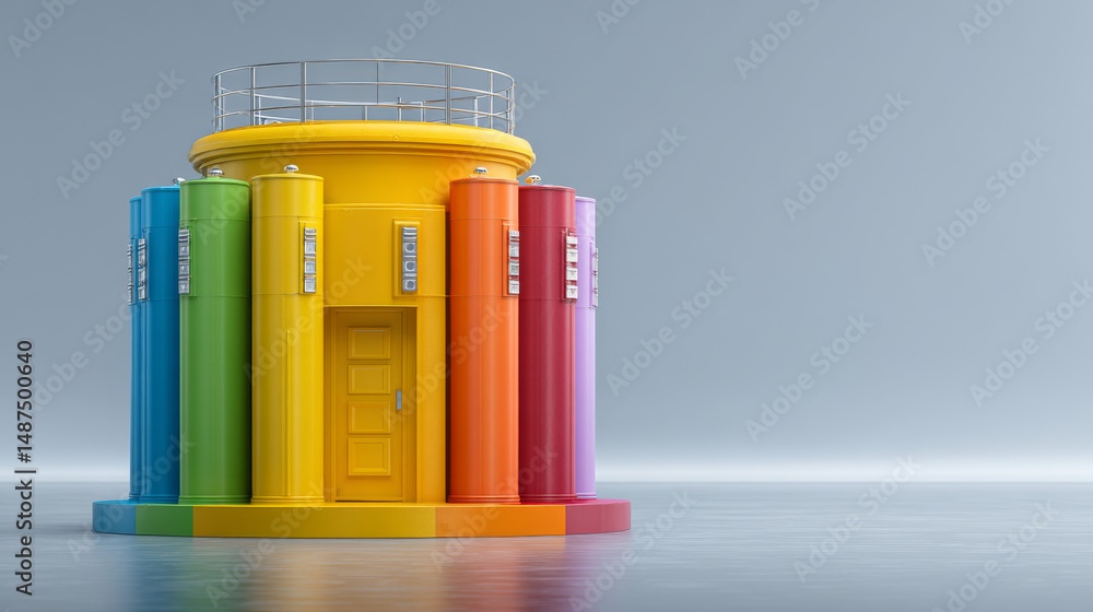 Poster a vibrant and colorful modern building with unique cylindrical structures.