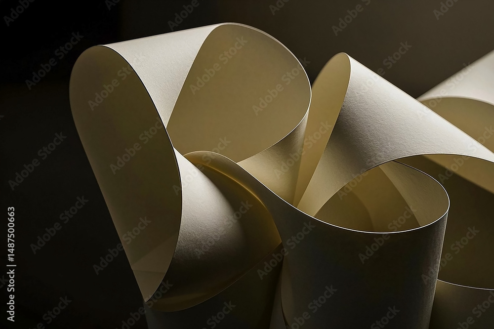Poster twisted and folded paper like structures with subtle shadows and highlights, creating abstract textu