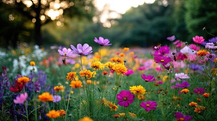 Obraz premium Blooming flowers in meadow with dreamy landscapes and gardens concept. A vibrant field of blooming flowers in various colors and shapes.