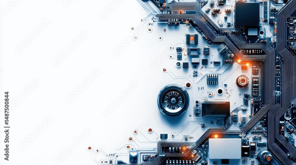 Poster sophisticated motherboard design showcasing intricate circuit patterns and vibrant light
