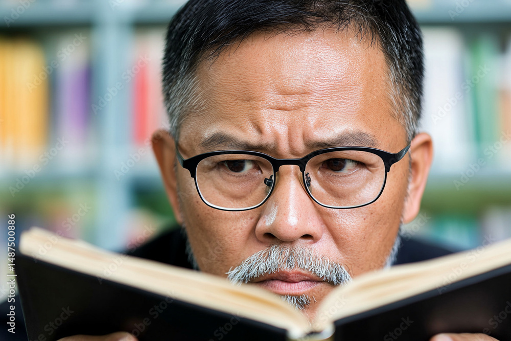 Aufkleber historian studying historical texts in a library setting with focused expression and attention to de