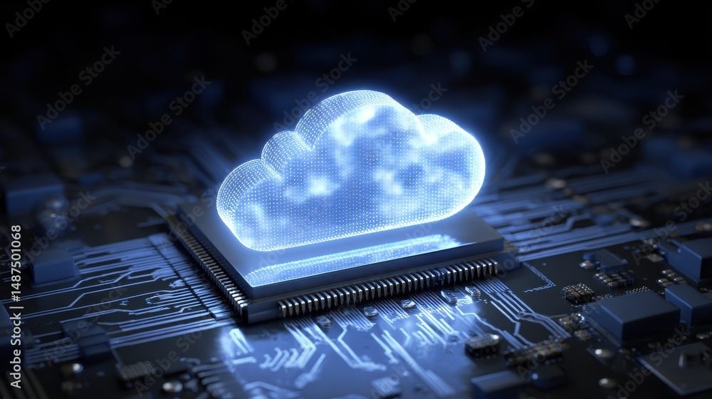 Poster 3d cloud technology concept with circuit board background, digital data storage, future computing, n