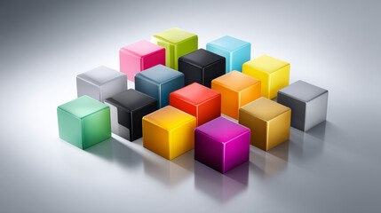 Fototapeta premium A vibrant arrangement of colorful 3D cubes, showcasing depth and reflections.