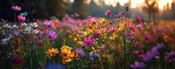 Obraz premium Blooming flowers in meadow with glowing landscapes and nature concept. Vibrant field of colorful wildflowers glowing in golden sunlight.