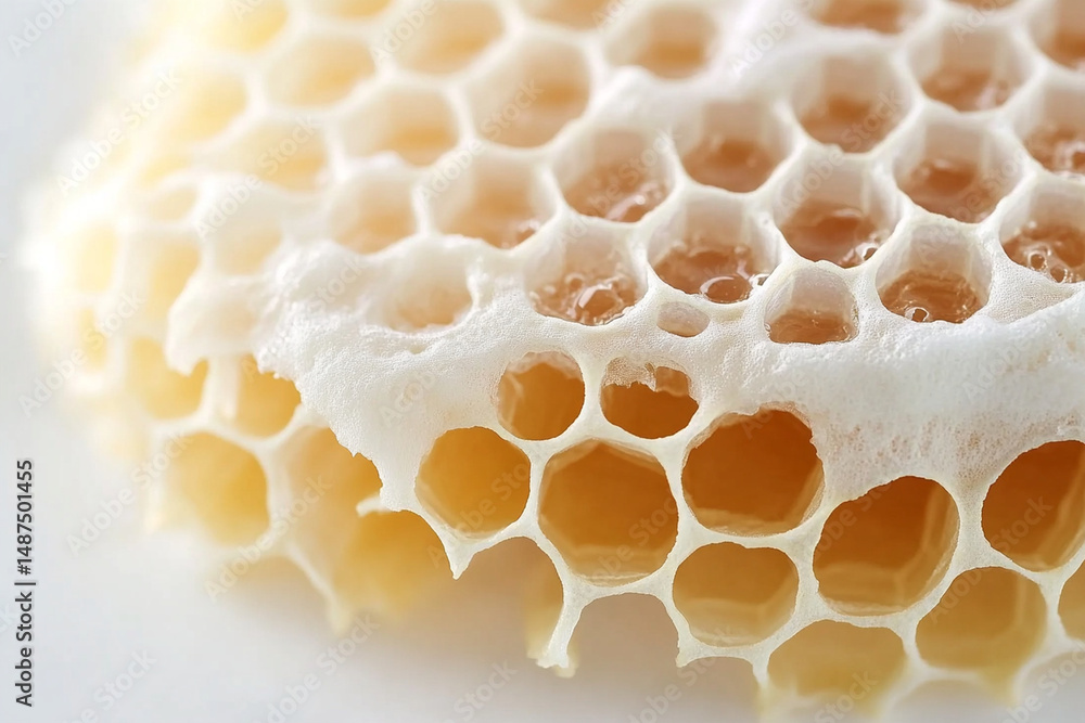Aufkleber close-up view of a honeycomb structure showcasing intricate hexagonal patterns and natural honey dep