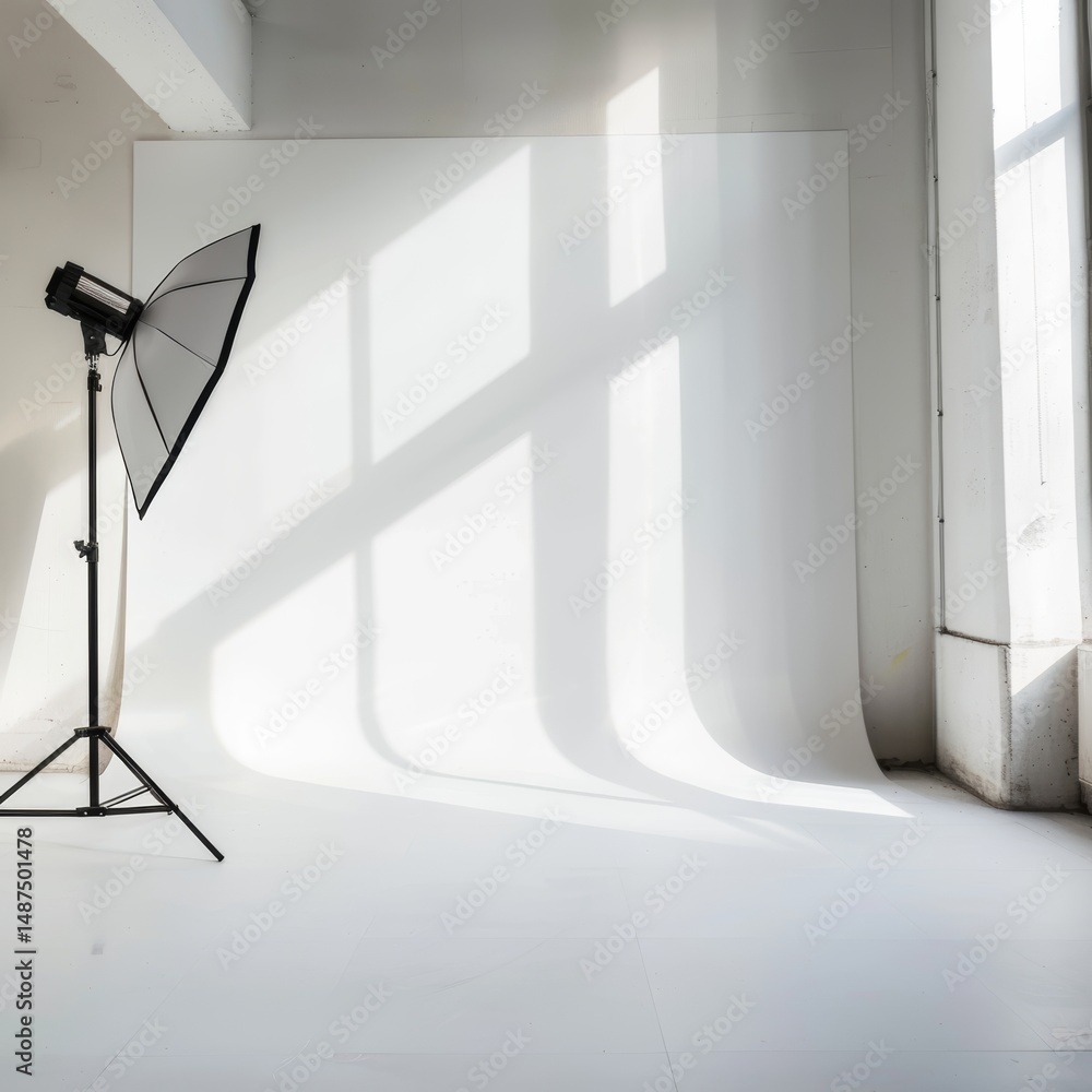Poster empty photo studio with white backdrop and window shadows