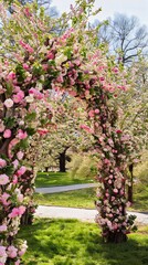 Artisanal Floral Arch and Garden Pathway: Enchanting Spring Blooms for a Romantic Nature Walk and Wedding Ceremony Backdrop